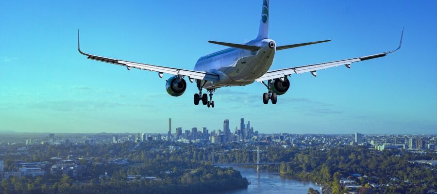 airplane, flight, city