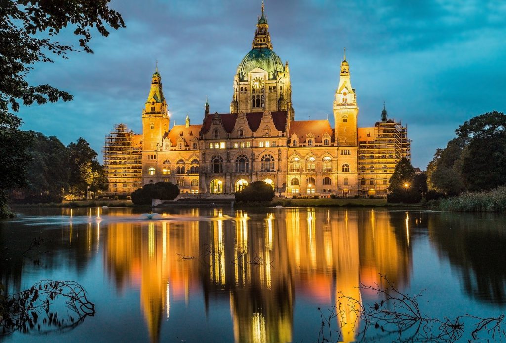 new town hall, building, illuminated
